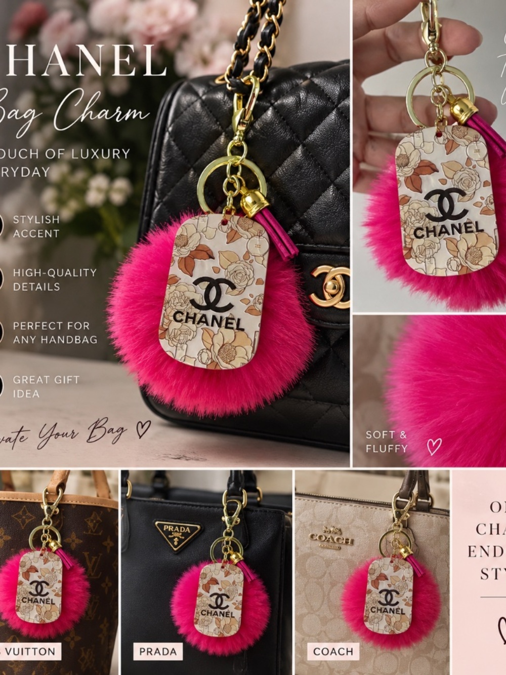 Pink Pom Pom Floral Bag Charm Keychain